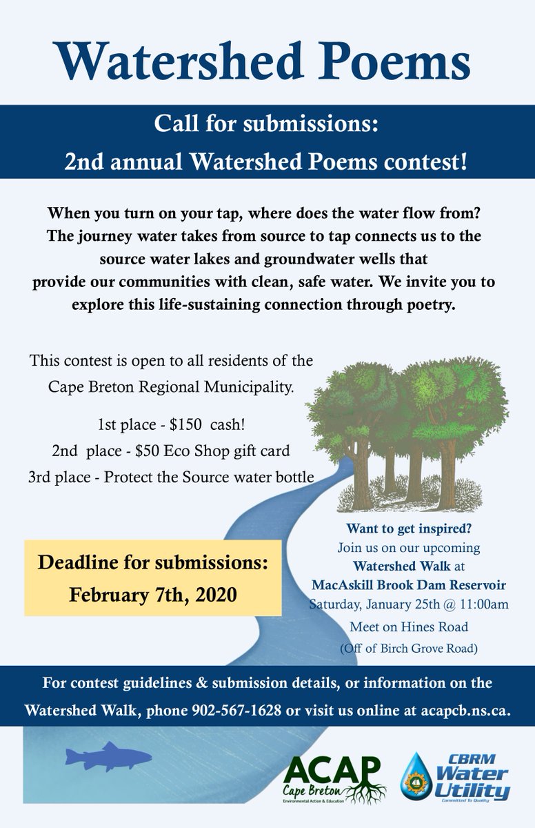 Our second annual Watershed Poems competition is now open! Find contest guidelines here: acapcb.ns.ca/post/submissio… Deadline is February 7, 2020 Please note the meeting location has been updated.