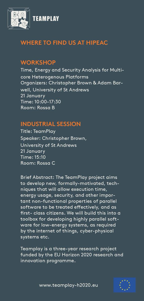 TeamPlayH2020's tweet photo. Looking forward to seeing you at @hipeac in Bologna. Meet us at the Industrial session and the TeamPlay workshop on 21st January. And make sure to come by our booth. @EU_H2020 https://t.co/YtIqHdCnsk