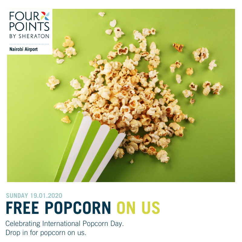FourPointsJKIA's tweet photo. What's life without a little popcorn..calling all #popcornlovers to drop in for a free bag on us this Sunday 19th in the morning and evening. There's a flavour to match every craving #Internationalpopcornday #MarriottBonvoy #fourpointsbysheraton #airporthotel #FourPointsofViewKE https://t.co/V2aiKfSTtW