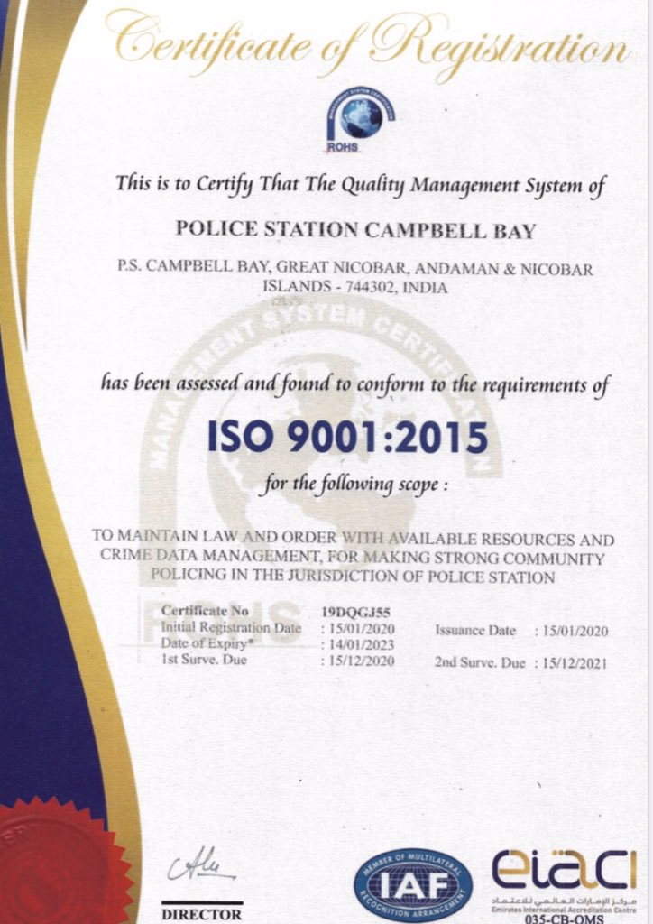 SP_Nicobar_ANP's tweet photo. On the occasion of our Raising Day today, A&amp;N Police achieved one more feat-3 police stations Car Nicobar,Campbell Bay,Nancowrie &amp; SP office, Nicobar have got ISO 9001:2015 certification.We are committed to provide world class policing.@Dependra_Pathak @ChetanSanghi @MediaRN_ANI https://t.co/aM75I84ikk