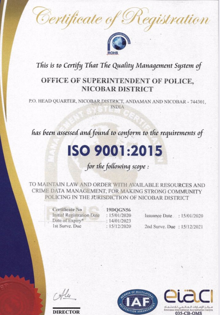 SP_Nicobar_ANP's tweet photo. On the occasion of our Raising Day today, A&amp;N Police achieved one more feat-3 police stations Car Nicobar,Campbell Bay,Nancowrie &amp; SP office, Nicobar have got ISO 9001:2015 certification.We are committed to provide world class policing.@Dependra_Pathak @ChetanSanghi @MediaRN_ANI https://t.co/aM75I84ikk