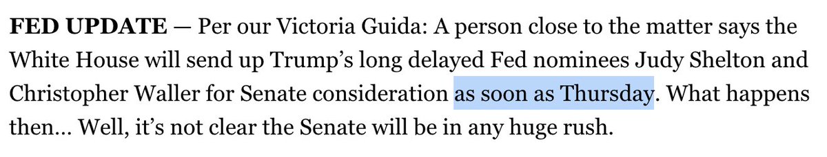 . @vtg2 reports that the official Judy Shelton nomination could come "as soon as Thursday"  https://www.politico.com/newsletters/morning-money