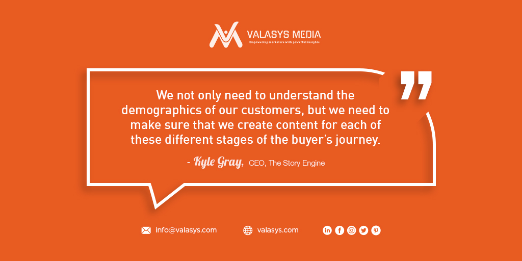 Content needs to be created not only according to the demographics of the customers but also to help them through individual stages in buying cycles, states <a href="/heykylegray/">Kyle Gray | The Story Engine</a>, CEO of The Story Engine:
#b2b #b2bmarketing #valasys #marketing #management #marketingservices #marketingfirm