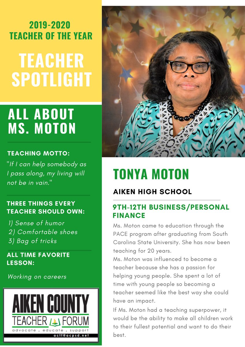 🔦 2019-2020 Teacher of the Year Teacher Spotlight:
Ms. Tonya Moton from <a href="/aikenhighschool/">Aiken High School</a> 

#teacherleaders #ACTFsupports #ACTFadvocates #TOY <a href="/jasonholt56/">Jason Holt, Ed.D.</a>