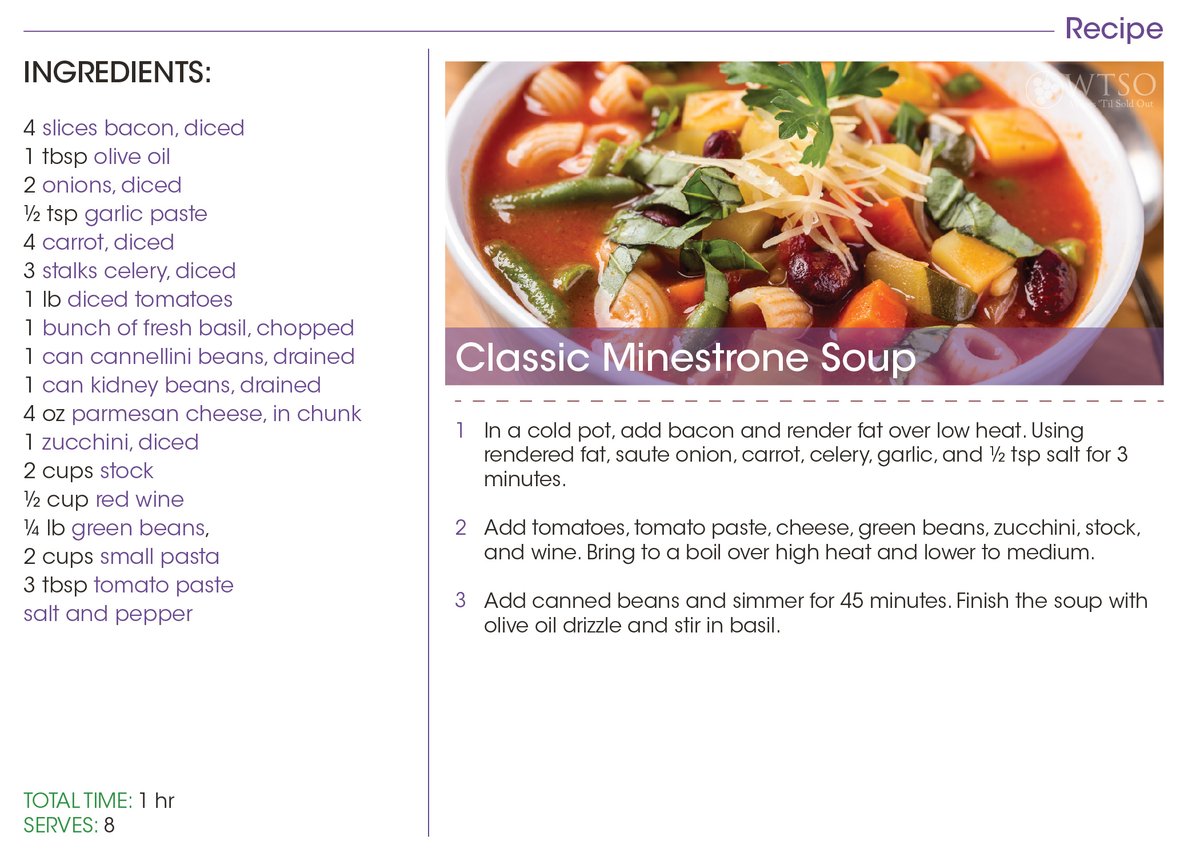 Weekly_Tasting's tweet photo. Looking for a simple meal to cook tonight? Warm up with this Classic Minestrone Soup recipe and pair it with your favorite bottle of WTSO wine! #recipe #wine #foodandwine #pairing #winepairing #winetime #wineonline #wtso #weeklytasting https://t.co/NvGzUV03HM