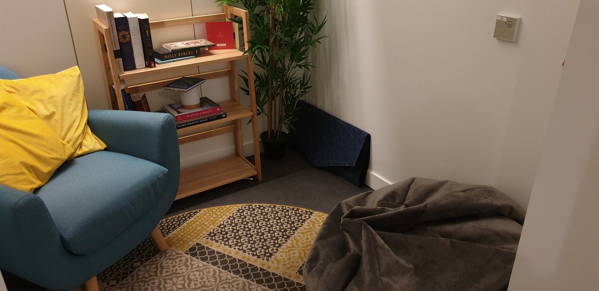 A small room with an armchair, throw cushions, a beanbag, rug, prayer mat, bookcase and pot plant.