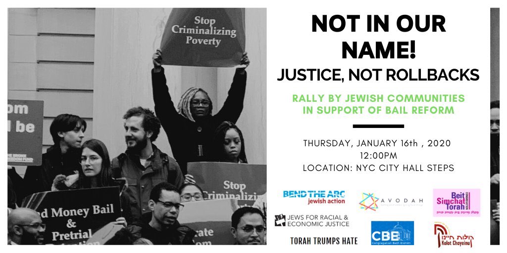 jewishaction's tweet photo. Join us TODAY at noon to rally for bail reform with Jewish communities across NYC!

We reject a justice system that criminalizes poverty &amp; perpetuates racial injustice.

We won’t let Jewish pain be weaponized against our neighbors. Not in our name.

YES to #BailReform. https://t.co/DPRlnBpX9r