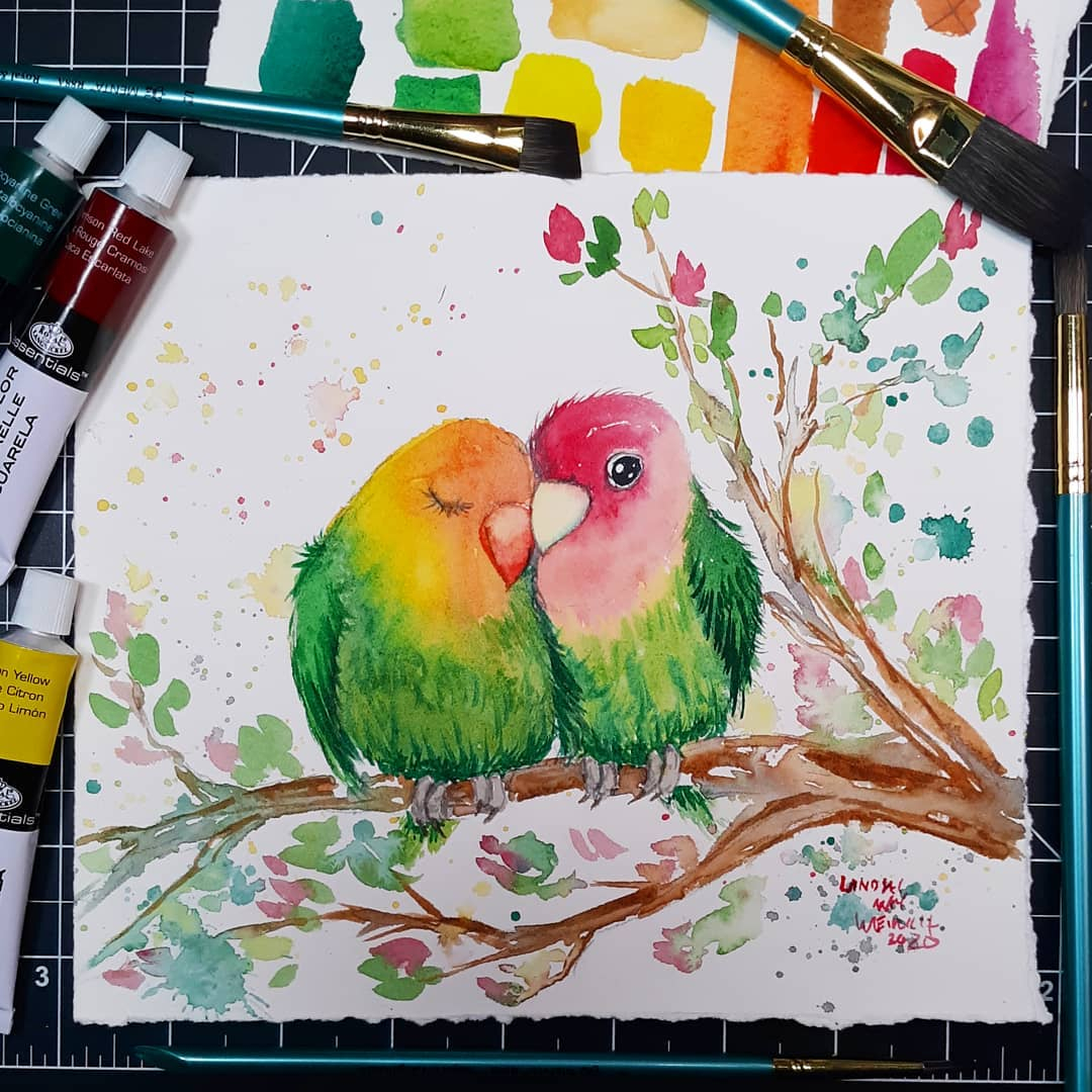 Lovebirds by Lindsay Weirich 💘 // Royal &amp; Langnickel Menta Brushes + Watercolor Paints // <a href="/lindsayweirich/">TheFrugalCrafter</a> #royalbrushart #mentabrushes #royalwatercolorpaints #watercolor #painting #artstuido