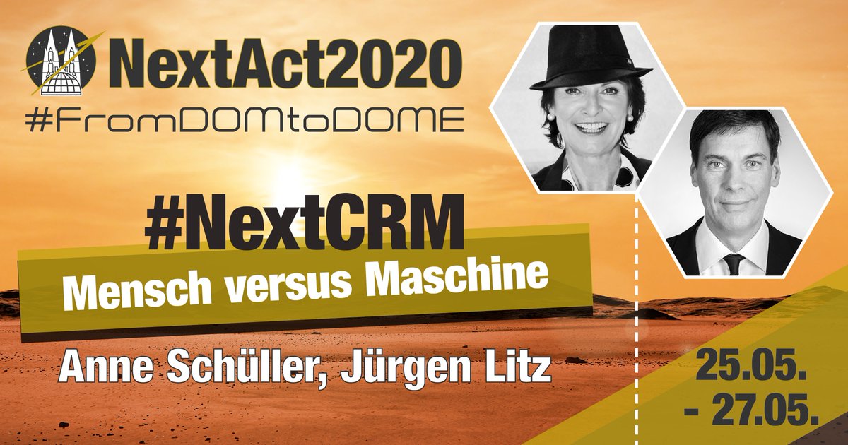 Nur noch 18 Wochen bis zum nächsten #NextAct und die ersten Sessions stehen fest. Im Themenbereich #NextCRM halten die Experten Anne M. Schüller und Juergen Litz die Session unter dem Titel: "Mensch versus Maschine".

Treffen Sie unsere CRM-Experten:
lnkd.in/gbJNzF5