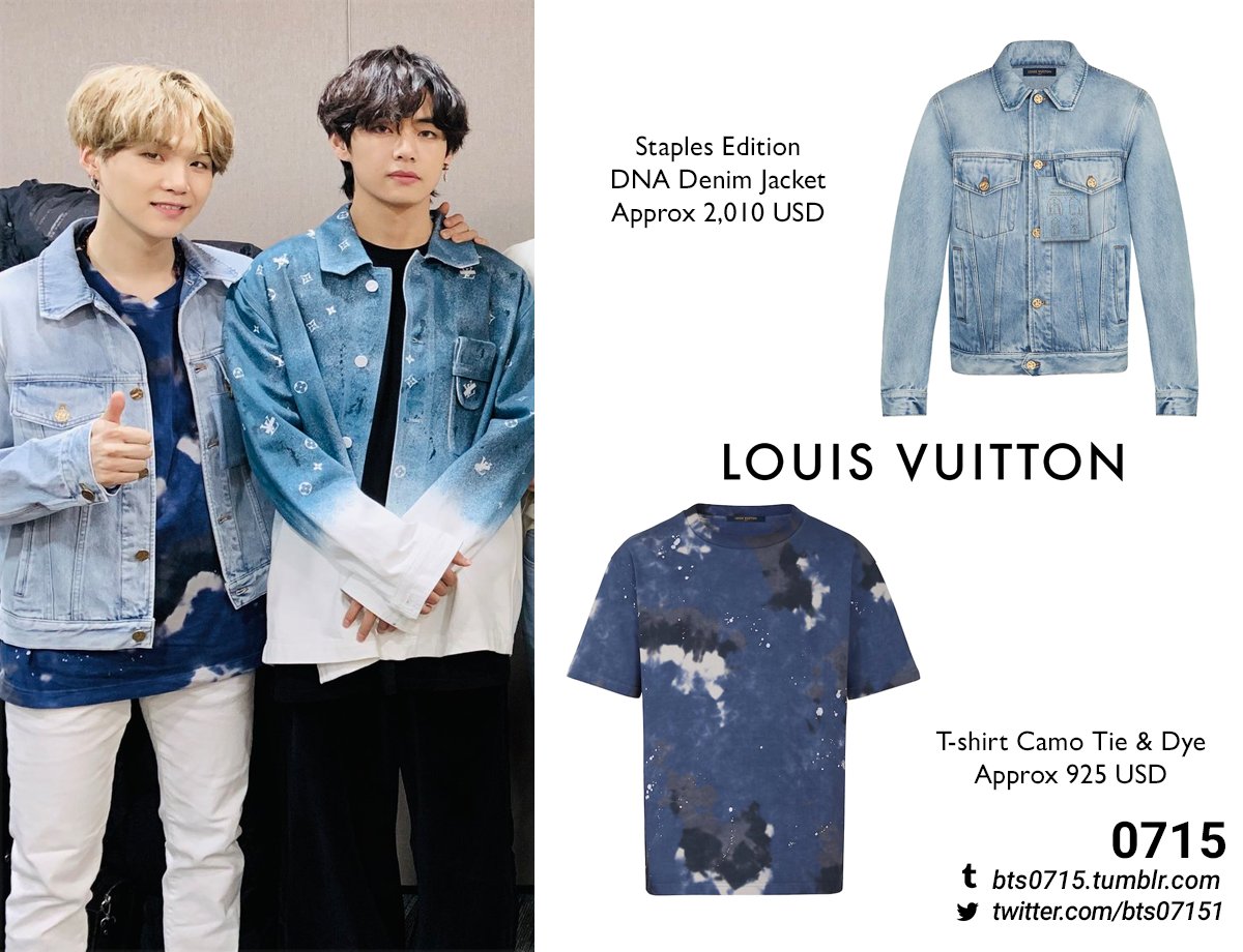 Bts0715 ⁷ di X: #BTS #SUGA #방탄소년단 #민윤기 #BTSFASHION #BTSCLOSET 191225 Louis  Vuitton - Staples edition denim jacket & T-shirt camo tie and dye  @BTS_twt  / X