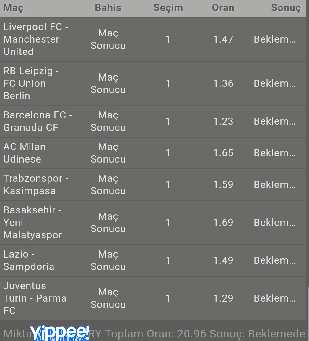 Hadi bakalım şimdiden paylaşayım. 

Kombine kazanırsa Rt ve fav atan 10 kişiye papara verelim.

Uzun zamandır etkinlik yapmıyorduk.  Bu 8 takımın puan kaybedeceğini düşünmüyorum. 

Bol şanslar 🔥