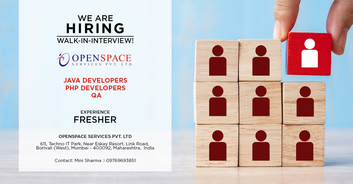 openspace_s's tweet photo. WE ARE HIRING! 

#walkininterview

Openspace Services Pvt Ltd is looking for freshers in Java, PHP &amp; QA. 
Location - Borivali, Mumbai. 
Experience - Fresher 

#jobhiring #itjobs #walkininterview #jobvacancy https://t.co/ngXLLwwg3O