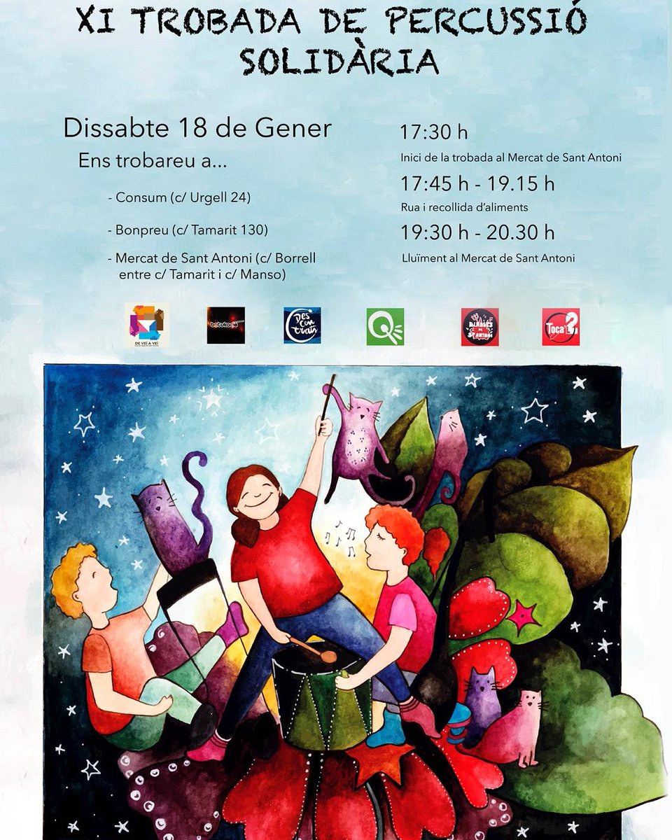 Aquest dissabte 18 de Gener participem a la XI TROBADA DE PERCUSSIÓ SÒLIDARIA que han organitzat els nostres amics de @tocal_2. Ens veiem a partir de les 17:30h al Mercat de Sant Antoni! Veniu amb moltes ganes de passar-ho d'allò més bé!!!

#percu #descentrats #solidaritat