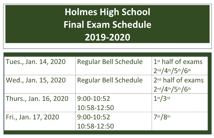 Adjusted schedule for midterm exams today. Exams for 1st and 3rd period, with the final bell at 12:50 today for early release.