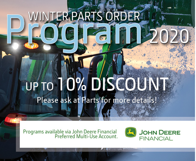Winter Parts Order Program 2020 - receive up to 10% off qualifying orders. #WinterPartsOrder #JohnDeere #PremierEquipment
.
ow.ly/BHiM50xFmtY Follow Link for more details!
