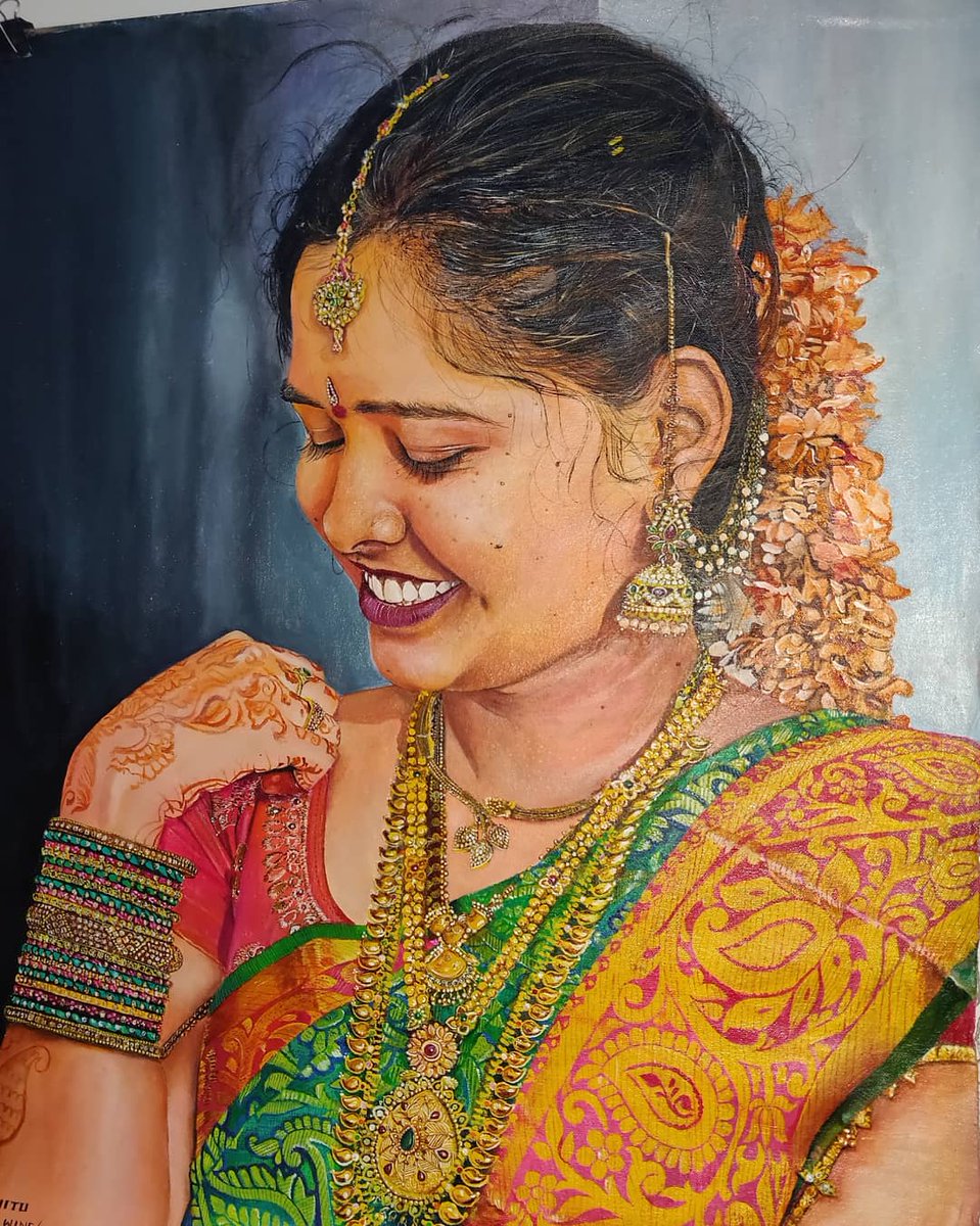 Hue_Wing's tweet photo. This went to Hyderabad today and is a gift from a very regular client to his sister on her wedding.

The jewellery details took me forever to complete. 
.
Medium- Acrylic
Size- A1
.
#Commissioned_Work
#Hue_Wing https://t.co/dLtWS6Utye
