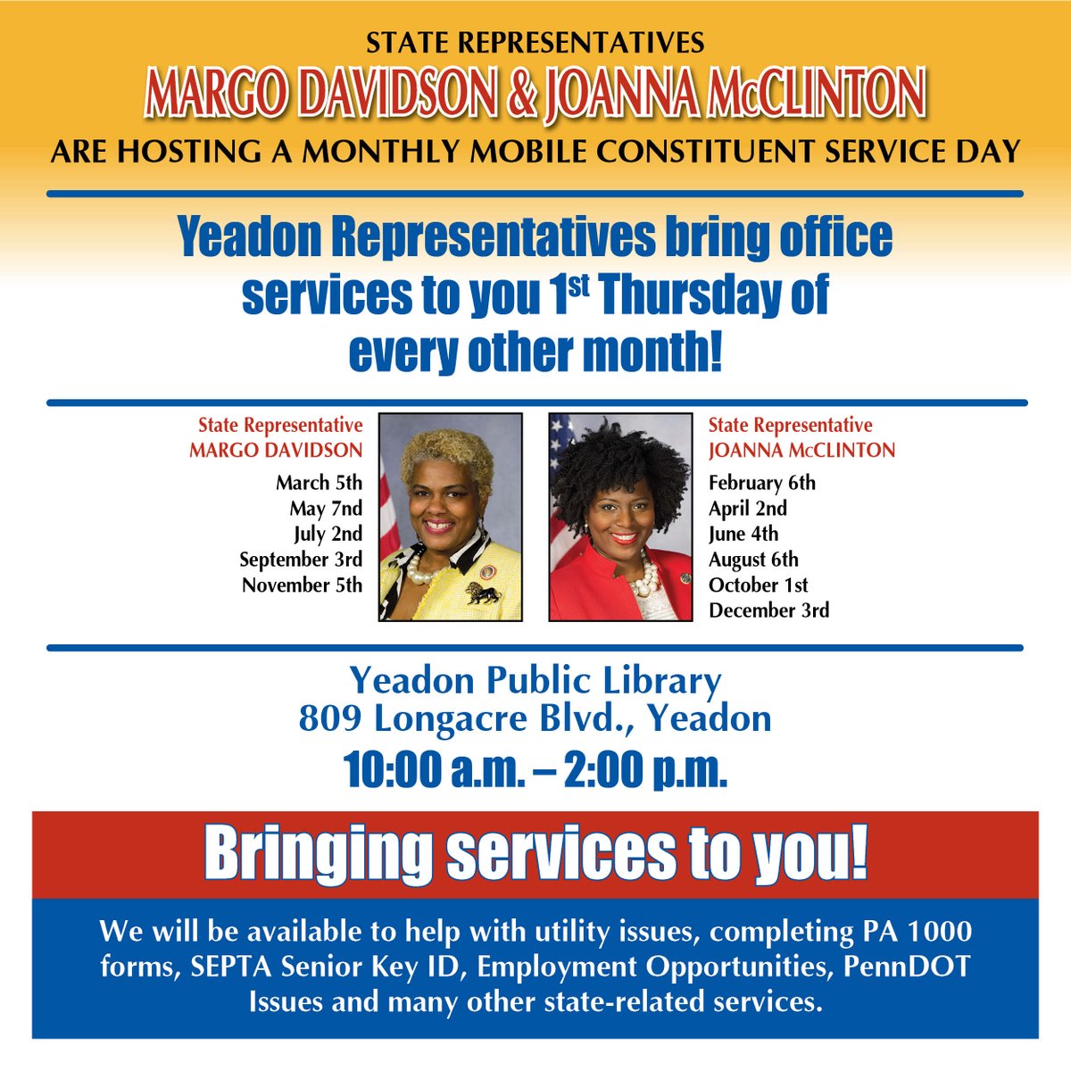 RepMcClinton's tweet photo. #DELCO #YeadonBorough I am teaming up with @RepDavidson this year to bring services and resources to you! Visit us every first Thursday of the month at the Yeadon Public Library.
#StateServices #Yeadon #RepMcClinton #RepDavidson #WorkingforYOU https://t.co/0uCjZNb3bp