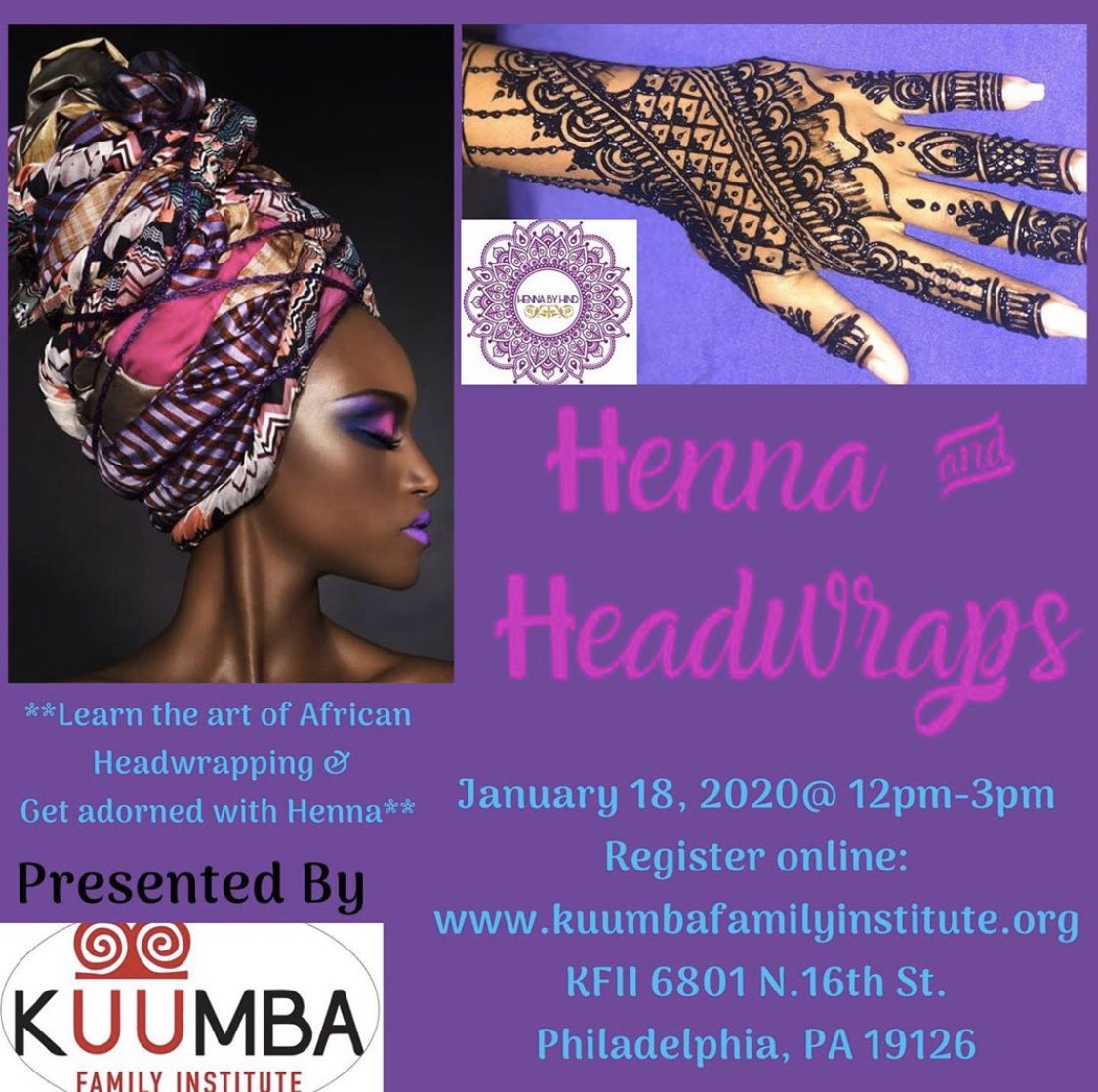 PhillyLocksConf's tweet photo. THIS Saturday, January 18th @12-3pm
Kuumba Family Institute
https://t.co/RPWzy1sbdQ
**FREE refreshments will be provided**
Bring your material 
Special gifts for all attendees!!!
#KFII  #africanheadwraps #hennabyhind #simplynetfah #fortheculture❤️🖤💚 #allnaturalhenna https://t.co/NBv4Uoox4e