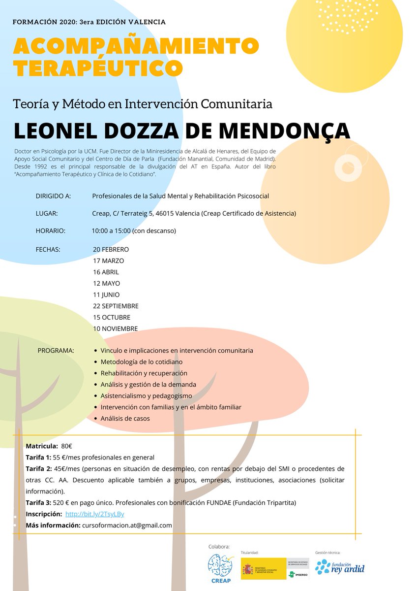 Creap_Valencia's tweet photo. 💡🗓️🔜¡Te interesa! El @Creap_Valencia acoge la #formación 2020 "Acompañamiento Terapéutico. Teoría y Método en Intervención Comunitaria" 🗣️ a cargo de #LeonelDozza. Pocas plazas✍️.
📲Apuntate: https://t.co/FL0TPvMUr1
+ info: cursoformacion.at@gmail.com
@Imserso @GrupoReyArdid https://t.co/ln3CMEFG5u