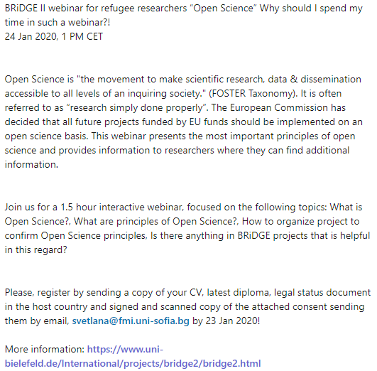 projects_bridge's tweet photo. BRiDGE II webinar for refugee researchers “Open Science” Why should I spend my time in such a webinar?!
24 Jan 2020, 1 PM CET https://t.co/Qn5IGKRoLh