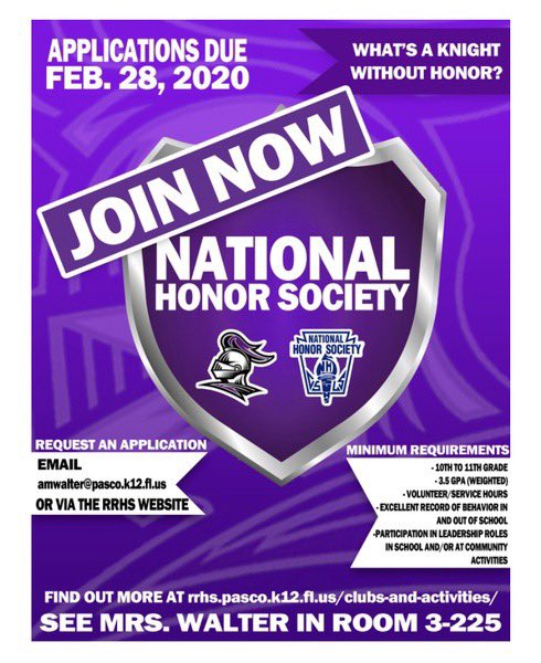 RRHSKnightsNHS's tweet photo. Interested in joining National Honor Society? Get your applications in by February 28th to be apart of NHS! #rrhsrushweek @rrhsknights https://t.co/8jMIwEJ6do