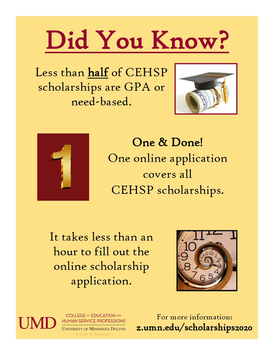 UMDuluthEduc's tweet photo. Did you know that less than half of CEHSP scholarships are GPA or need-based? One online application covers all CEHSP Scholarships. Application deadline is February 23, 2020. For more info: https://t.co/UpxAKb5FIM 

#umdulutheduc #scholarships #worthit https://t.co/cdsfvZIXRA