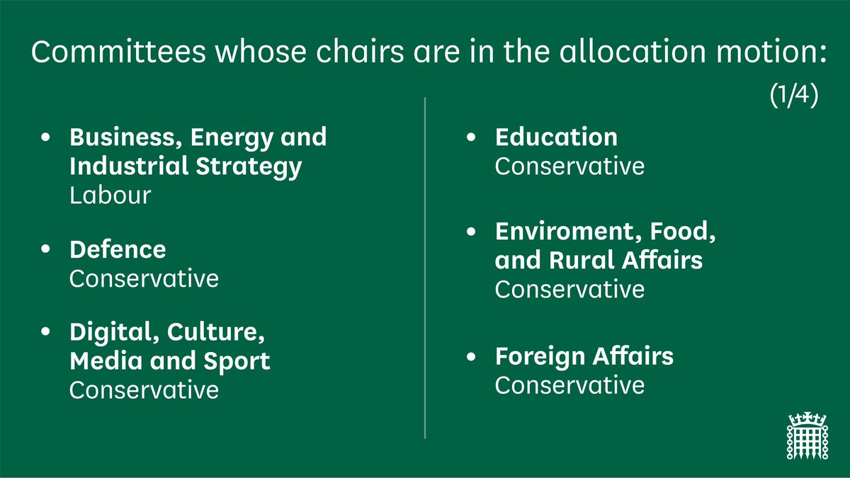Business, Energy and Industrial Strategy - Labour,
Defence - Conservative,
Digital, Culture, Media and Sport - Conservative,
Education - Conservative,
Environment, Food and Rural Affairs - Conservative,
Foreign Affairs - Conservative