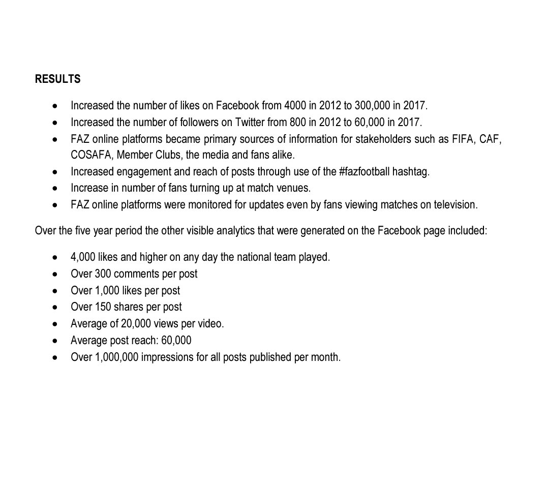 Mutheliso's tweet photo. I am looking to expand my horizon in social media management in 2020.
Here is my portfolio of what I did for a client in the Zambian football industry.
My next client could be on your timeline.
#SM #SocialMedia #ZSNLive https://t.co/AZ61AslRJG