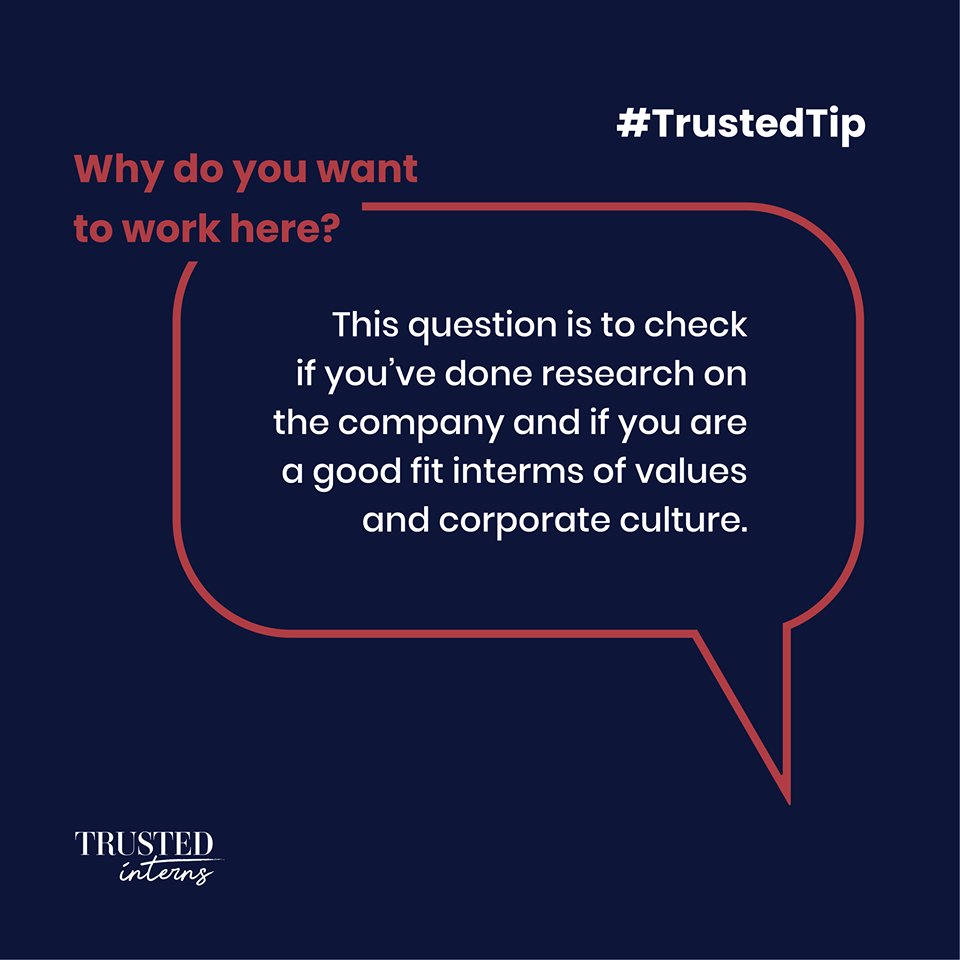 TrustedInterns's tweet photo. #TrustedTips - Some tips on how to answer common interview questions like ''Why do you want to work here''?
#JobSeekersSA #JobSeekersWednesday #JobAdviceSA https://t.co/k9BciFtScZ