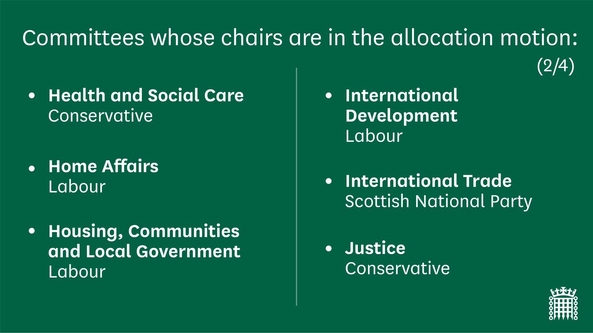 Health and Social Care - Conservative,
Home Affairs - Labour,
Housing, Communities and Local
Government- Labour,
International Development - Labour,
International Trade - Scottish National Party,
Justice - Conservative