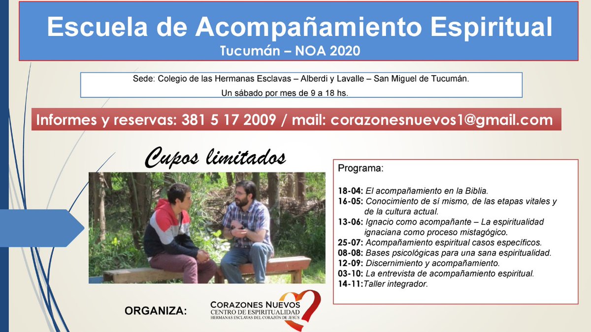 madrecatalina's tweet photo. El Centro de Espiritualidad @AmarYReparar los invita a la Escuela de Acompañamiento Espiritual  2020. Tucumán - NOA.
Dirigida a sacerdotes, religiosas, laicos y agentes pastorales.
Empieza en Abril.
+ info e inscripciones 381 5 17 2009 / corazonesnuevos1@gmail.com https://t.co/ZaWnNWfht6
