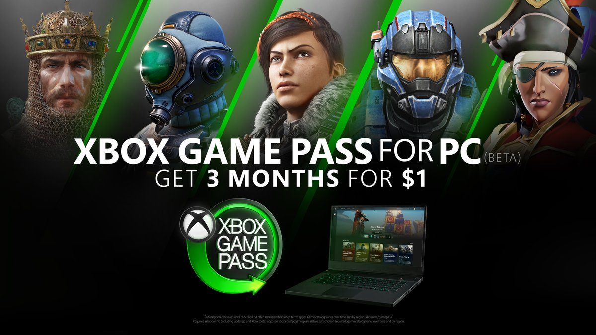 Five game characters sit on a black background. Underneath is the Xbox Game Pass logo and an open laptop. Text Reads: Xbox Game Pass for PC (BETA) Get 3 Months for $1. Fine print reads: Subscription runs until cancelled. $1 offer. new members only: terms apply. Game catalog varies over time and by region. xbox.com/gamepass. Requires Windows 10 (including updates) and Xbox (beta) app; see xbox.com/pcgameplan.