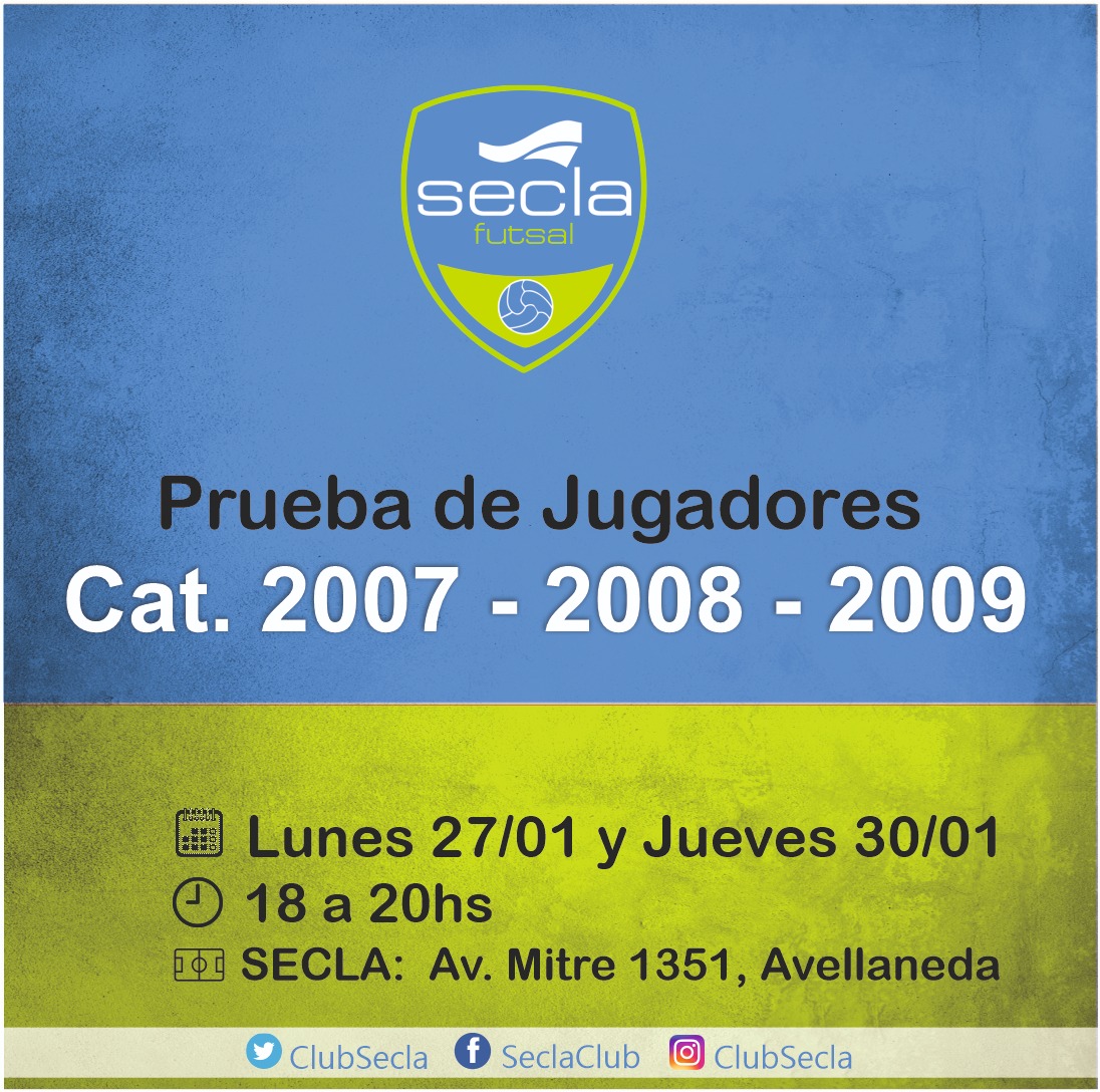 Pruebas de jugadores!!!

Y recordá, empezá a seguirnos en las redes del Club Secla que pronto será nuestra nueva vía de comunicación:

En twitter e instagram 
@ClubSecla
 y en facebook: @SeclaClub
