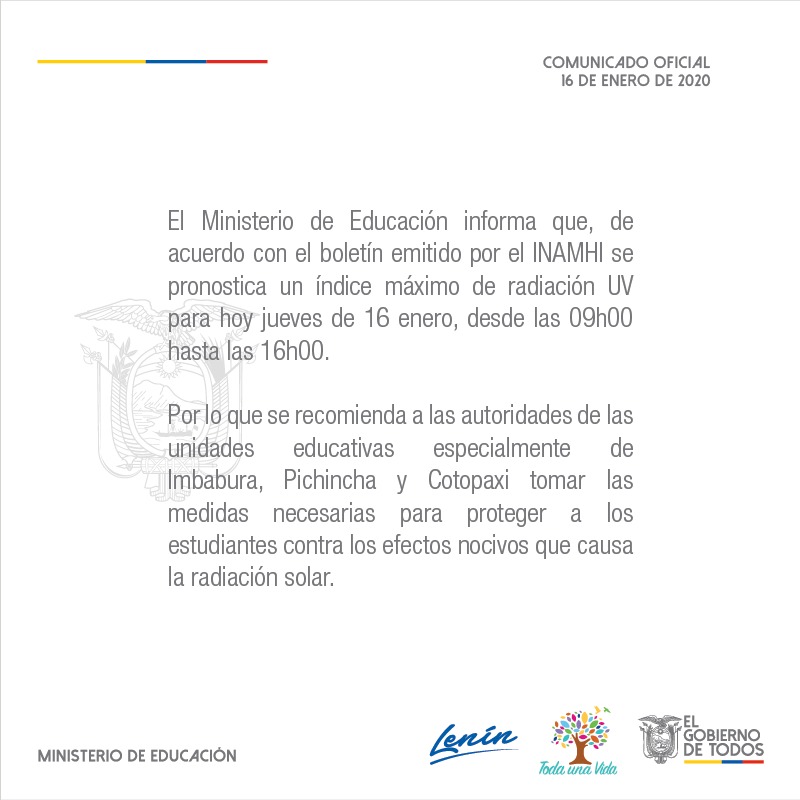 Educacion_Ec's tweet photo. [COMUNICADO] Exhortamos a las autoridades de las unidades educativas tomar las medidas necesarias para proteger a los estudiantes de la radiación solar, debido a la información emitida por @inamhi, que pronostica para hoy un índice máximo de radiación UV. https://t.co/eESwJma918