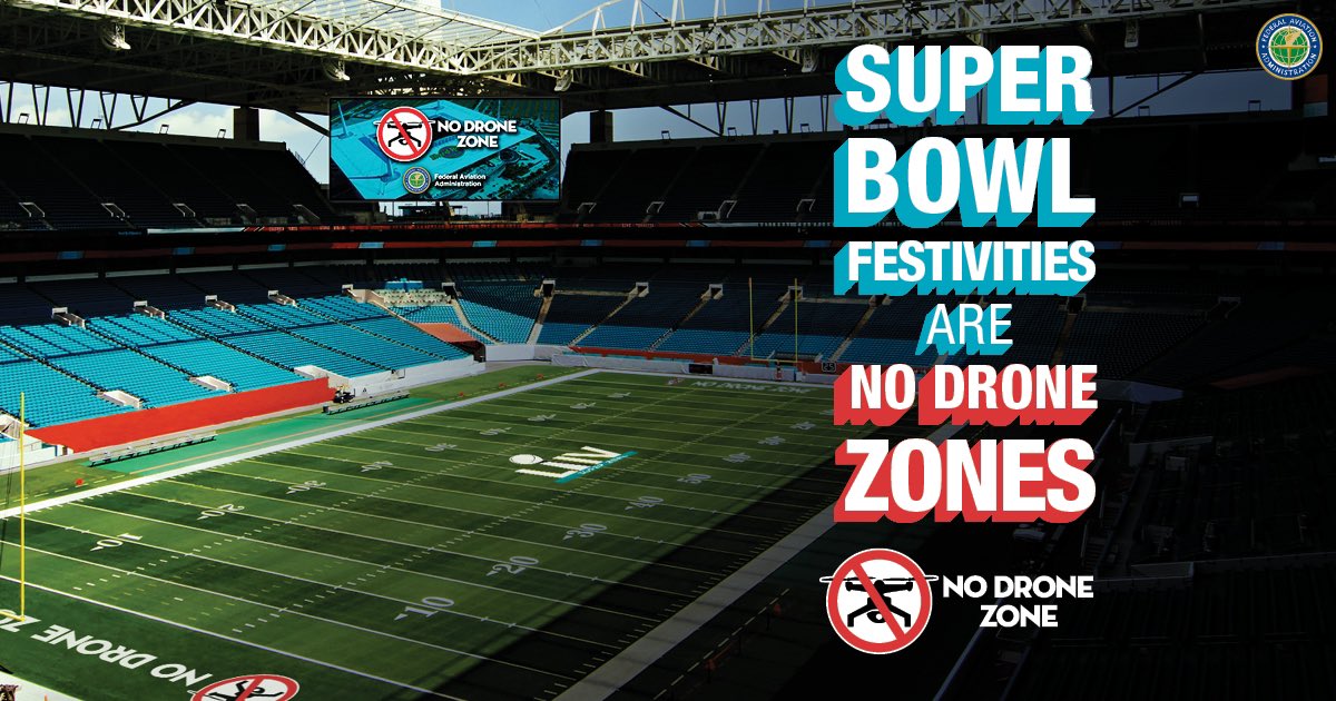 FAADroneZone's tweet image. #Drone pilots and #football fans in #Miami: @MIASBLIV is a #NoDroneZone. If you fly your drone in restricted airspace, you could face criminal prosecution or a $30,000 fine. bit.ly/2FSGRLO #SuperBowLIV #FlySafe 🏈