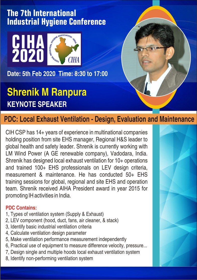 CIHAINDIA's tweet photo. PDC alert!
We will have Shrenik as keynote speaker on LEV system.
#IAmIH #Industrialhygiene #OccupationalHygiene #CIH #CIHA #AIHA #CSP #EHSindia #SafetyFirst https://t.co/2qP3Okukdv