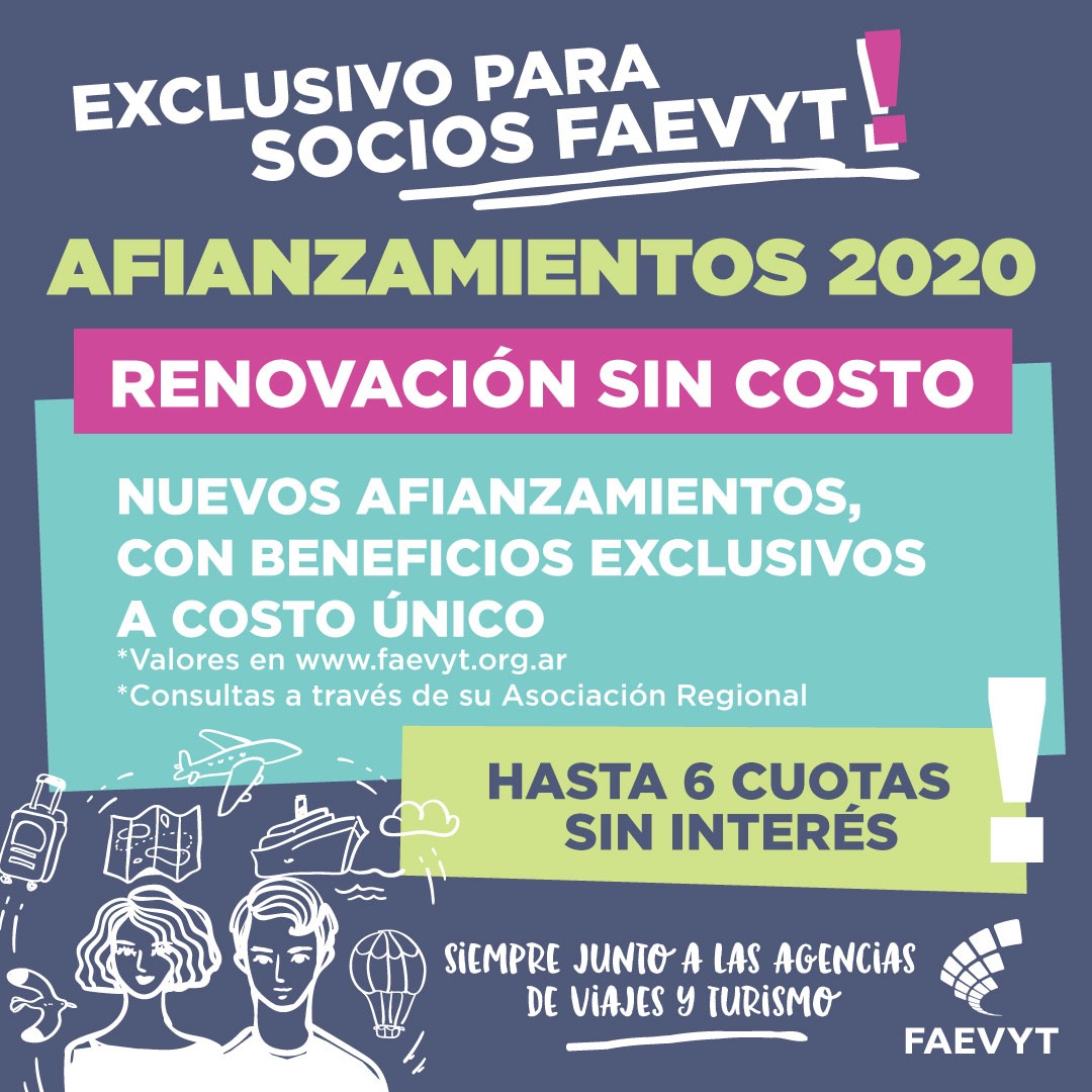 Nuevos afianzamientos con beneficios exclusivos a costo único! 
➖ Socios FAEVYT: renovación sin costo ➖
Consultas a través de su Asociación Regional.
Más info en faevyt.org.ar

Siempre junto a las agencias de viajes y turismo.

#SomosTurismo #SomosFAEVYT