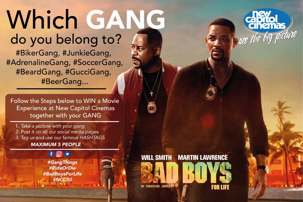 NCCinemas's tweet photo. Competition Alert!!!!
Are you a #BikerGang, #JunkieGang, #AdrenalineGang, #SoccerGang, #BeardGang, #GucciGang, #BeerGang?
Which gang do u belong to?
#gangthings
#rideordie
#BadBoysForLife
#NCC50 https://t.co/TMn3l5ELR1