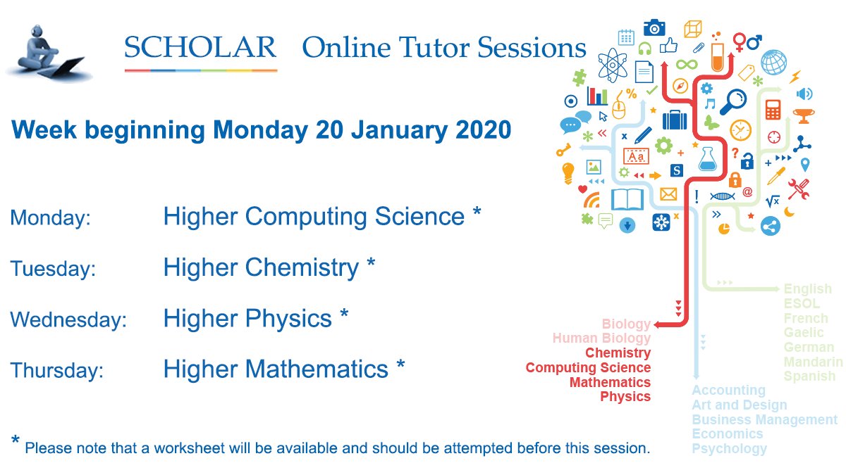 ScholarUK's tweet image. Our upcoming Online Tutor Sessions are Higher Computing, Higher Chemistry, Higher Physics and Higher Maths
scholar.hw.ac.uk/sessionsSchedu…
Regular updates also on Facebook: SCHOLARprogramme
#HigherComputing #HigherChemistry #HigherPhysics #HigherMaths #revision #examprep