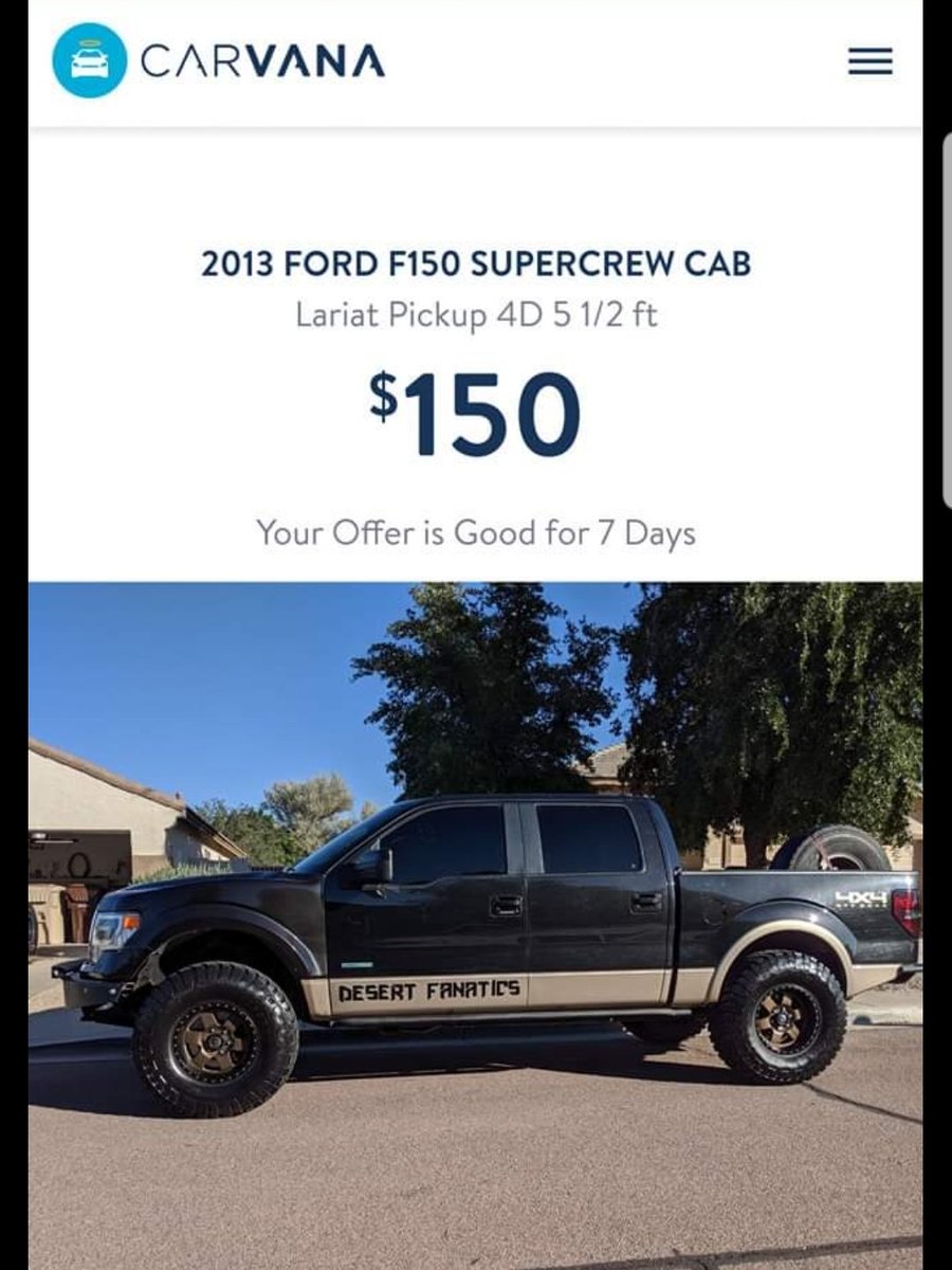 desertfanatics's tweet photo. This one is by far my favorite so far... #CarvanaOffer Show us yours! @Carvana
#Ford #F150 @FordTrucks https://t.co/SRpwJUGWEt