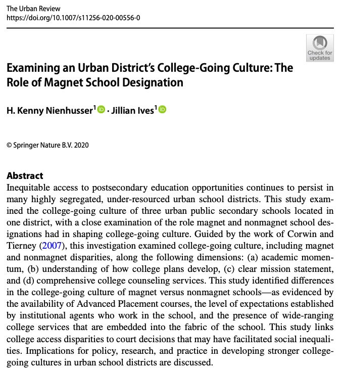 kennynien's tweet photo. Excited to share latest coauthored publication w/@JillianIves14 in Urban Review examining college-going culture in Hartford and role of magnet school designation. We use the work of @ZCorwin @TierneyBill to identify college access inequities in district. https://t.co/Typ2YI8u5h https://t.co/STLPjPirlx