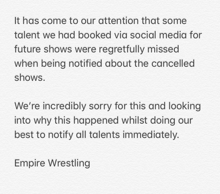 EmpireWrestle's tweet photo. A message from Empire: https://t.co/WaVGVVVdLE