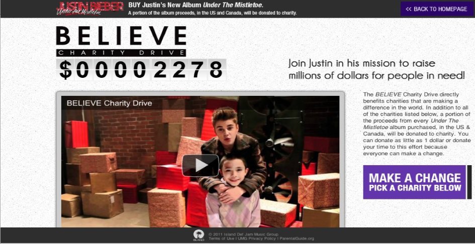 •٢٠١٢
•بدأ جاستن مشروع ومؤسسة خاصة Believe Charity Drive باع أغراضه الشخصية للجمعيات الخيرية و شجع ا...