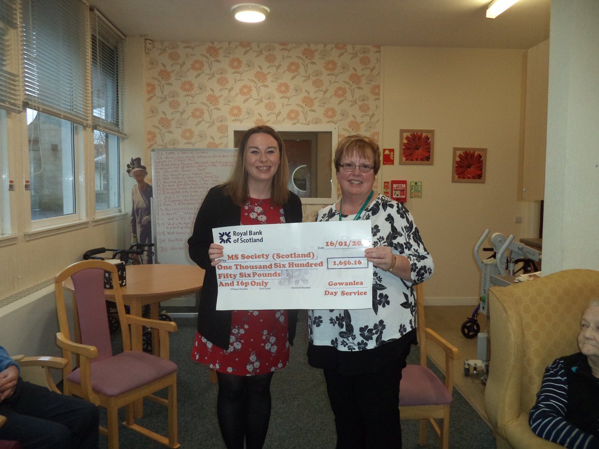 DsGowanlea's tweet photo. Had a lovely afternoon with Jennifer from @mssocietyscot.  She was presented with a cheque to the value of £1,656.16, raised by Service Users, Family, Carer's and staff! Collection can still to be totalled. Thank you everyone who supported this charity :) https://t.co/A9caWJjm3l