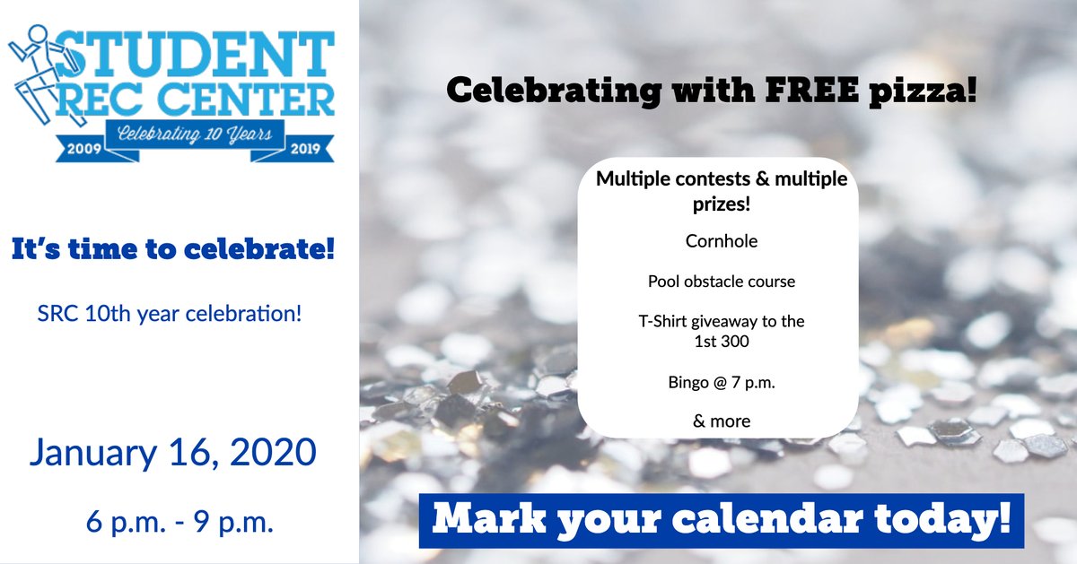 INStCampusRec's tweet photo. TODAY'S THE DAY! 🎉SRC is celebrating 10 years!

Today, January 16, 2020, from 6 p.m. – 9 p.m.

Celebrating with FREE pizza and beverages.🍕

Multiple Contests &amp; Multiple Prizes!
-Cornhole
-Pool Obstacle Course
-T-Shirt Giveaway 
-Bingo @ 7PM
&amp; More!

#ISUCampusRec https://t.co/ZnPi5STpPr