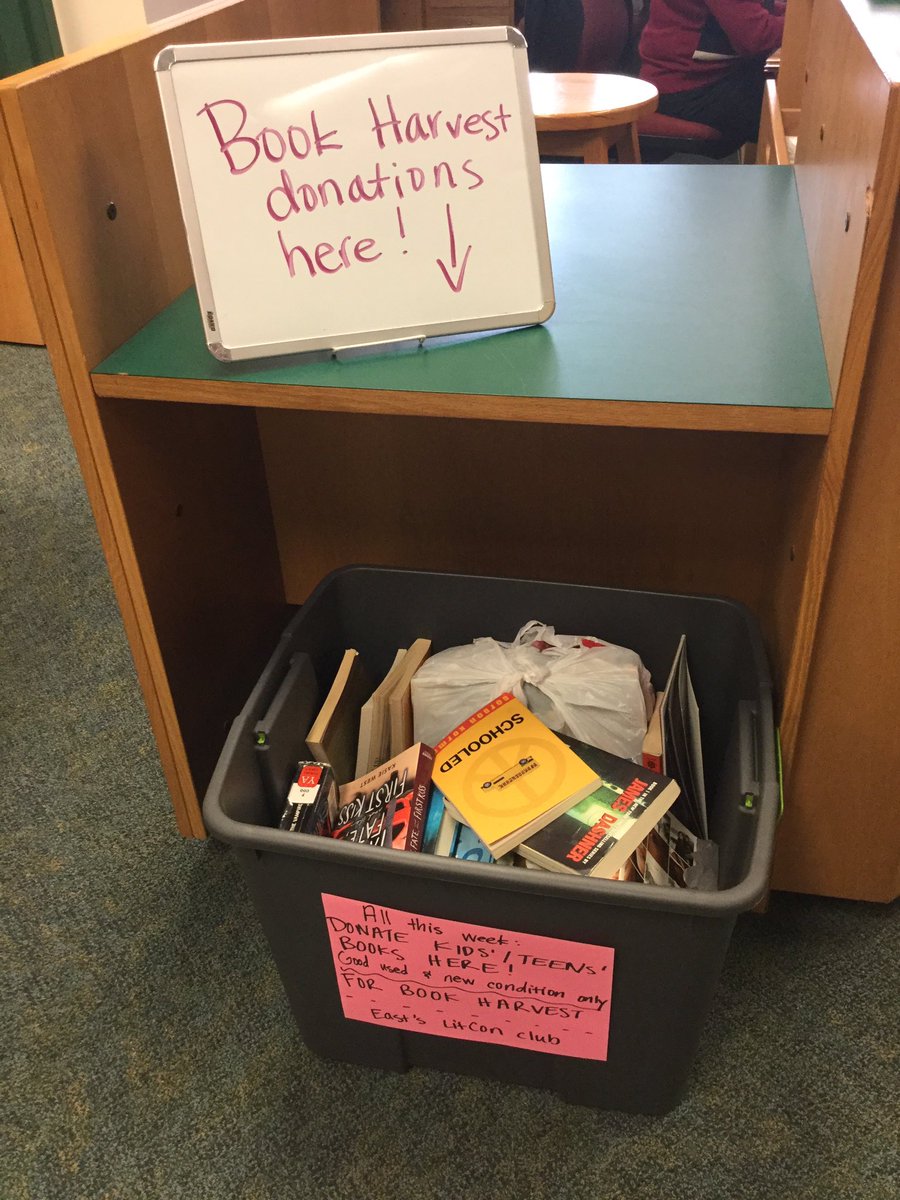 Tomorrow’s the last day for our book drive benefiting Book Harvest! Bring in your new and gently used kids and teens books to the drop box in the library or Quad A <a href="/EastStudGov/">East Student Gov't</a> #CHCCSLitCon <a href="/Book_Harvest/">윤재영</a>