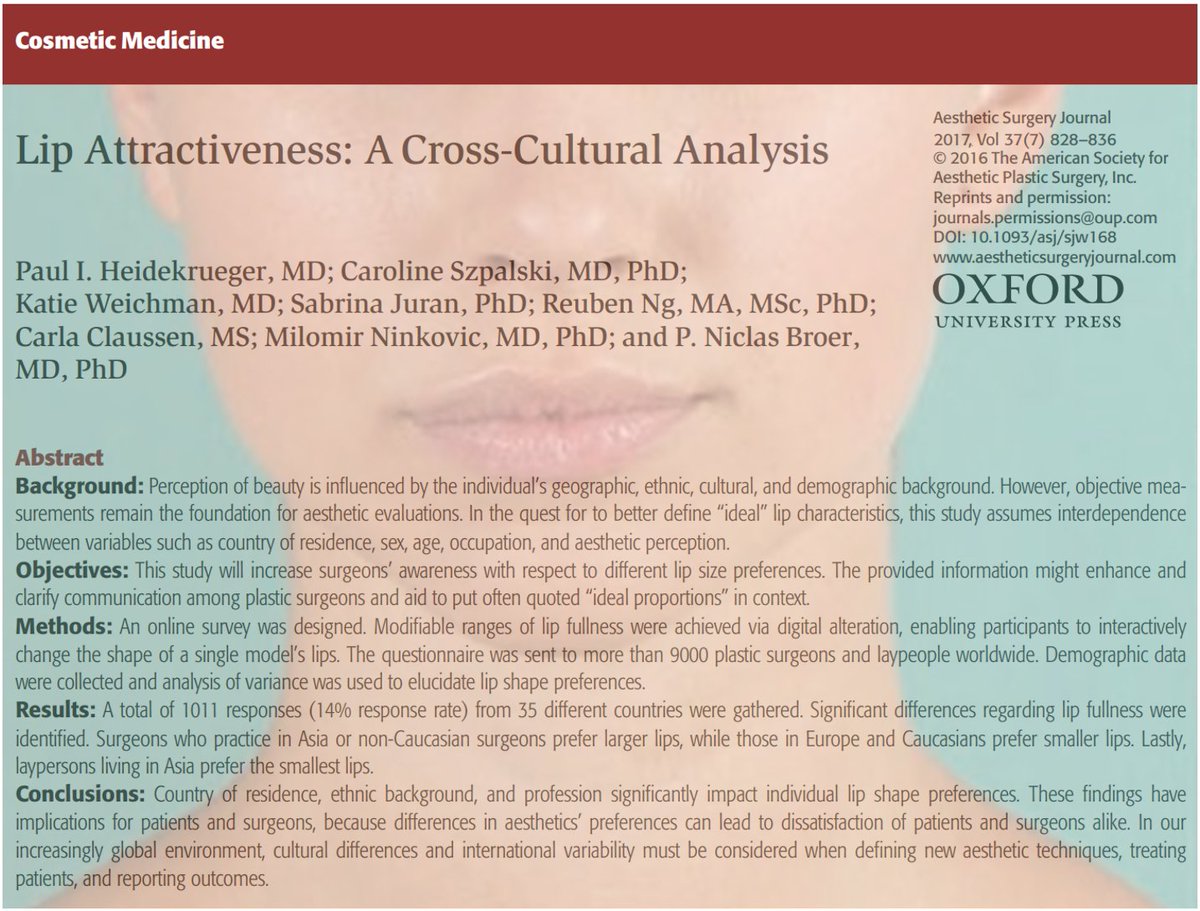 hunter_alexan's tweet photo. Do plastic surgeons and laypeople have different preferences regarding lip size? What role do other characteristics (eg, age, ethnicity, gender, income) play? #TBT to a 2017 paper: https://t.co/NYA068gKbf #plasticsurgery #aesthetics #lip #lips #TransparentAbstract @sabrinajuran https://t.co/qj9QYaAEd5