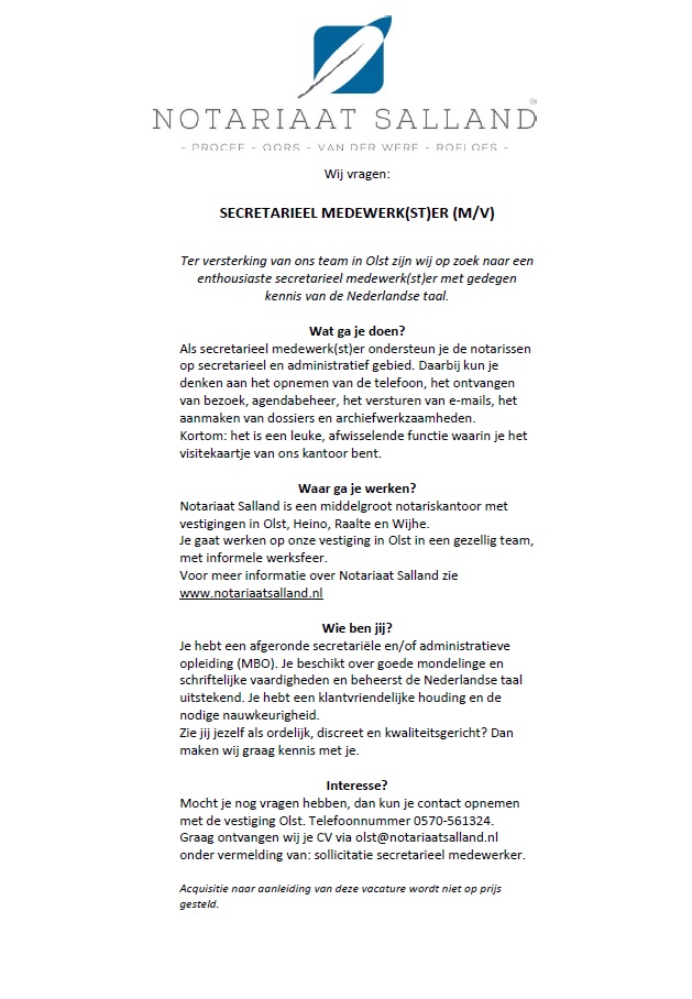 notarissalland's tweet image. We hebben twee vacatures voor onze vestiging Olst!