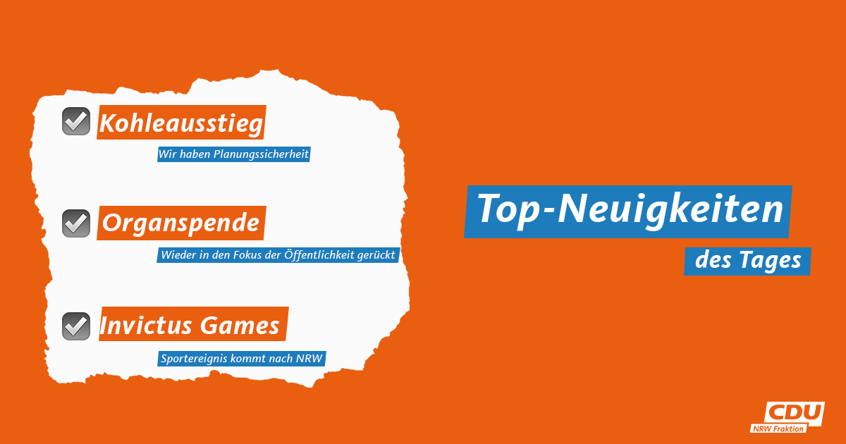 ➡️#Kohleausstieg 2038: Rund 15 Mrd € werden dem #RheinischesRevier zur Verfügung gestellt.
➡️#Organspende: Die #Zustimmungslösung kommt. Es ist wichtig, dass offen über das Thema gesprochen wird.
➡️#InvictusGames in Düsseldorf: Leistung der einsatzversehrten Soldaten anerkennen.