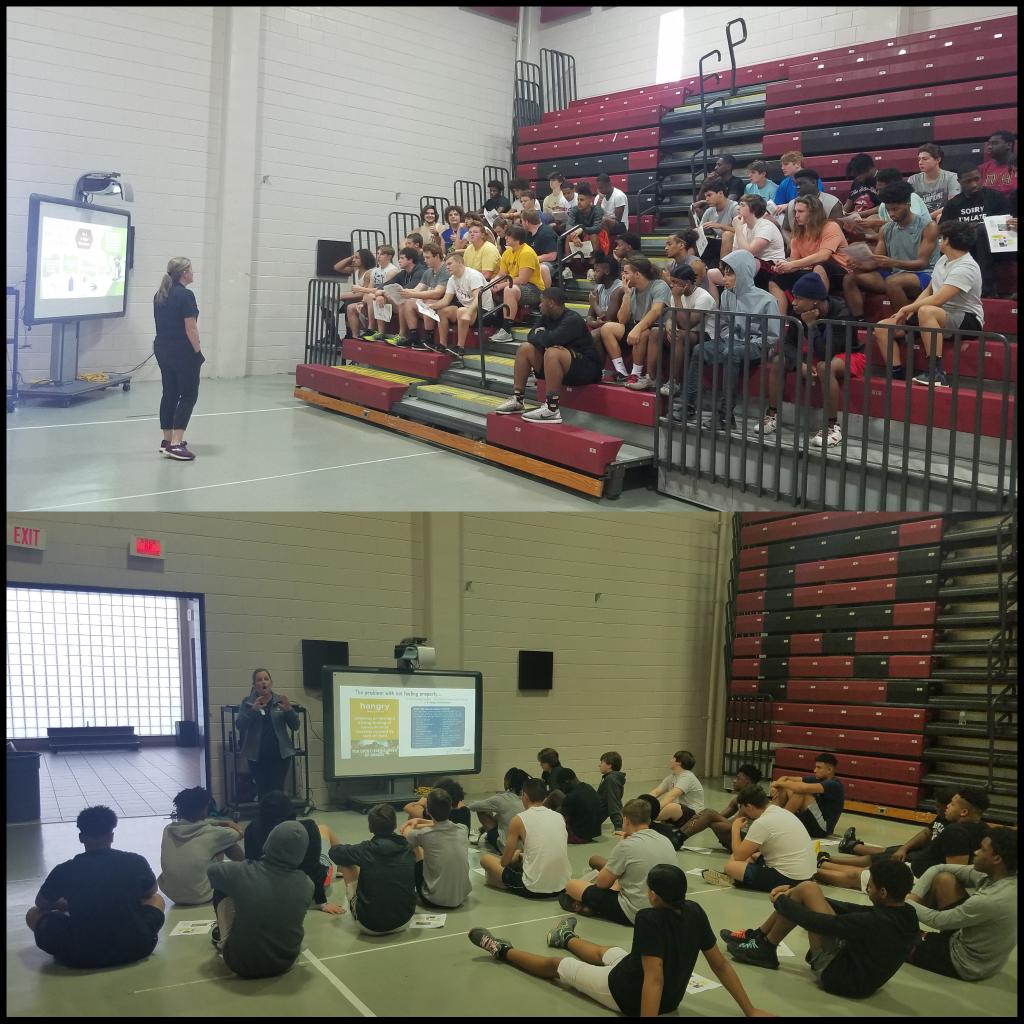 PriceChrisCoach's tweet photo. @RHHSBearcatsFB is #GettingBetter today with @aliciafogartyRD! It is not only about the sets and reps but it must be partnered with WHAT fuels and enhances Sports Performance. We answered our WHAT Pillar of Nutrition and Recovery today! Thanks much @aliciafogartyRD #WhyHowWhat https://t.co/yjZubA2alP